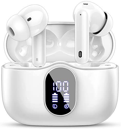 Auriculares Inalámbricos, Auriculares Bluetooth 5.3 con HD Micrófono HiFi Estéreo Pantalla LED, Reducción de Ruido Auriculares,13 mm Controlador dinámico,IP7 Impermeable 36H Cascos Inalambricos Blanco