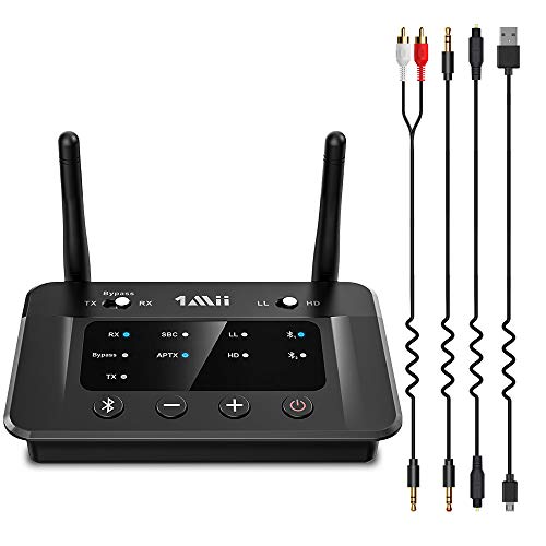 1Mii Transmisor Receptor Bluetooth 5.0 para TV, Adaptador Emisor Audio Bluetooth aptX Baja Latencia &Hi-Fi, con Salida/Entrada Óptica/RCA/AUX, Doble Enlace a 2 Auriculares BT, Estéreo, Largo Alcance