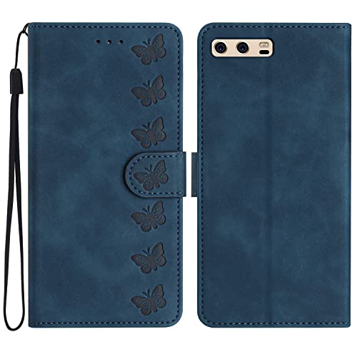 Yiscase Funda para Huawei P10 Plus, diseño de mariposa en relieve en 3D, funda de piel con tarjetero y función atril, color azul