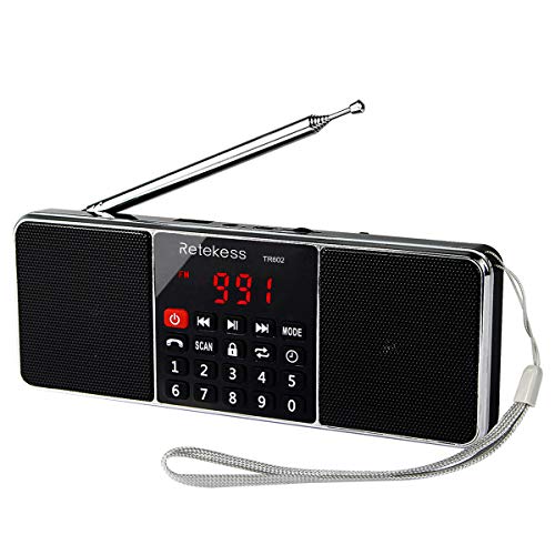 Retekess TR602 Am FM Digital Radio Portátil, Radio Bluetooth con Woofer Dual, Batería Recargable 1000 mAh, Reproductor TF/USB/AUX / MP3, Temporizador de Apagado Automático