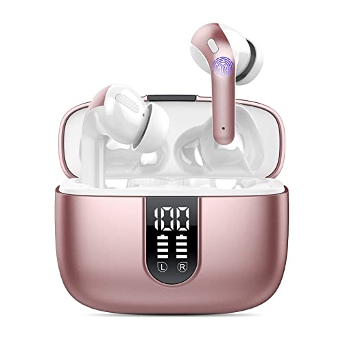 Wekily Auriculares Inalambricos, Auriculares Bluetooth 5.2 in Ear con HiFi Estéreo y Mic, 40h de Reproducción con Pantalla LED, IPX7 Impermeable Cascos Inalambricos con Control Táctil (Pink)