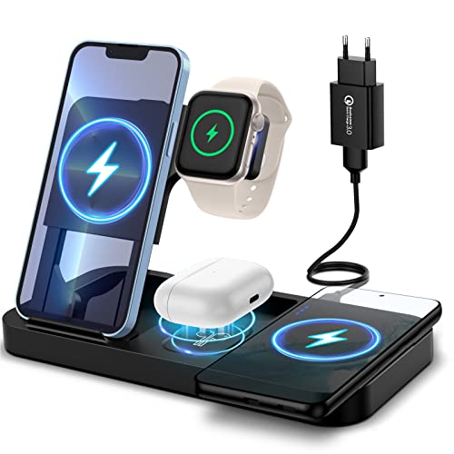 seacsomo Cargador Inalámbrico 4 en 1 para iPhone,Airpods 3/2/Pro, Carga Inductiva Rápida para Galaxy Buds2/Samsung,Huawei (Qi Móviles/Auricular),Carga Inalámbrica Solo para Apple Watch SE/8/6/5/4/3/2