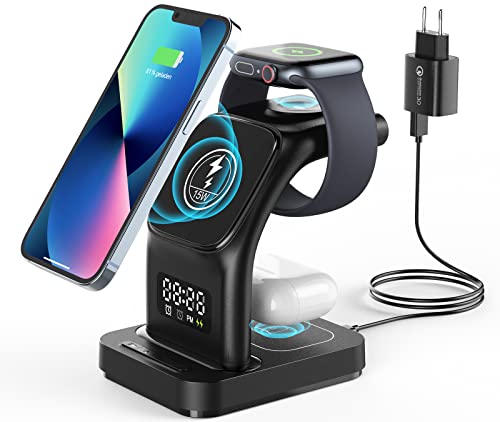 Cargador Inalambrico, 5 en 1 Wireless Charger, 15W Rapido Aspiración Magnética Carga Inalambrica para iPhone 12 13 14 Pro MAX Mini, Apple Watch 8 7 6 5 4 3 SE, AirPods 3 2 Pro