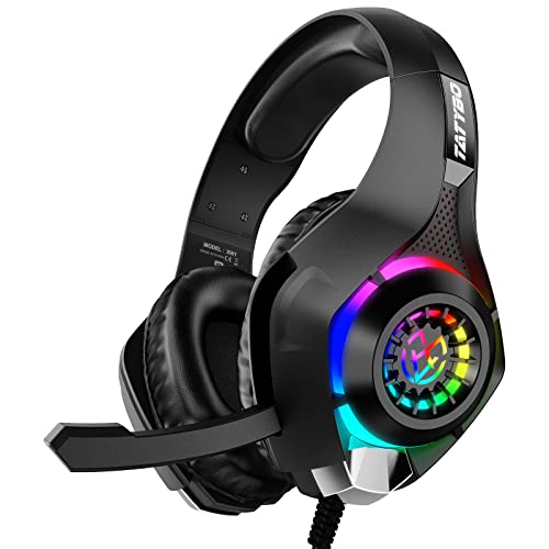 Tatybo Cascos Gaming PS4 PS5 PC, Auriculares Gaming con Estéreo de Graves Profundos, Luces RGB, Cómodas Orejeras Grandes, Cascos con Micrófono para Xbox One Mac Switch (Negro RGB)