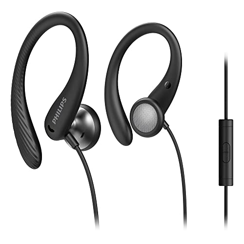 PHILIPS AUDIO Auriculares Deportivos Intrauditivos A1105BK con Micrófono (Gancho de Oreja Flexible, Apertura Bass, Resistentes al Sudor, Mando a Distancia Integrado) Negro