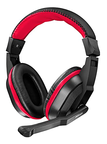 Trust Ziva Auriculares Gaming con Cable, Micrófono Retráctil, Entrada de 3.5mm, Cascos Gamer para PC, Ordenador Portátil, Laptop, Color Negro / Rojo