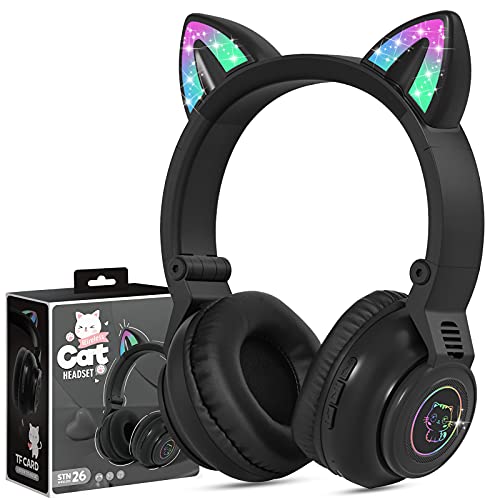 JYPS Audífonos inalámbricos para niños, con luz de gato, auriculares Bluetooth sobre la oreja, auriculares plegables con micrófono para tablet Amazon Fire, laptop/iPad (negro)