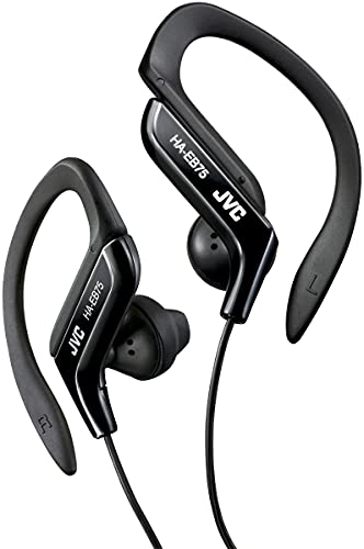 JVC HA-EB75-BN-U Auriculares Deportivos con Clip Regulable, Ajuste Seguro 5 Posiciones, Resistente a Salpicaduras, Sonido Potente con Graves, Cable 1,2m Forma de L Compatible con Smartphone