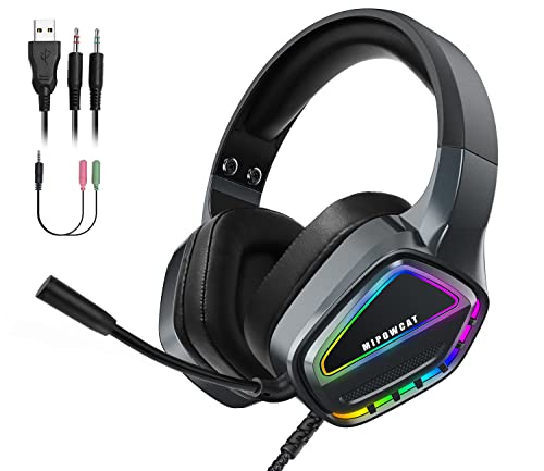 MIPOWCAT R18 - Auriculares para Videojuegos con Cable, Doble Bobina de oscilación RGB para PC, Puerto USB/3,5 mm Compatible con PC, Xbox, PS4, PS5, Switch - Negro