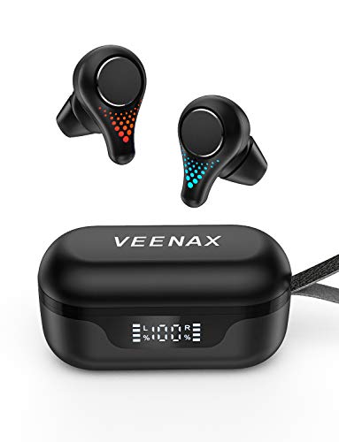 VEENAX T8 Auriculares Inalámbricos Bluetooth, Wireless Auriculares In-Ear Deportivos Control Táctil, Cascos Estéreo con Micrófono y Graves Profundos, Reproducci 30 Horas/CVC 8.0/USB-C, Negro