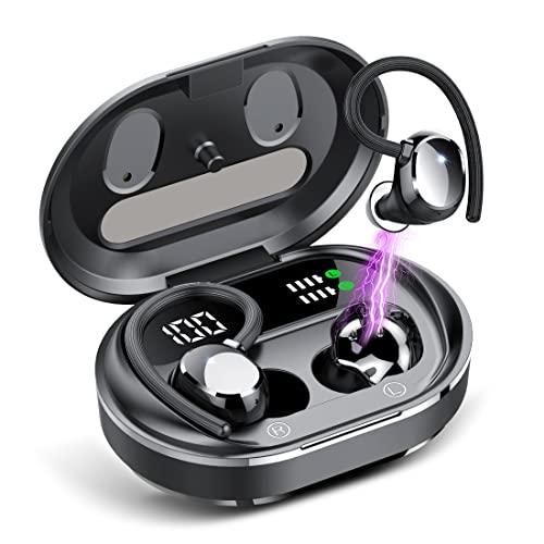 Auriculares Inalambricos Deportivos, Hi-Fi Estéreo Auriculares Bluetooth 5.3 con Microfono, Carga Rápida USB-C, Pantalla LED, IPX7 Impermeable Cascos Inalambricos Bluetooth con Gancho, Negro