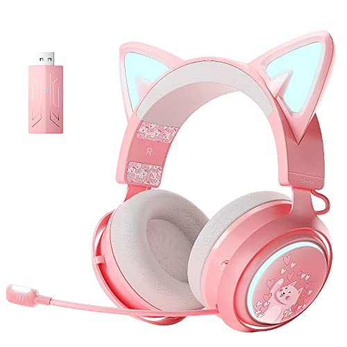 SOMIC Auriculares con Orejas de Gato, Auriculares inalámbricos para Juegos de 2,4 GHz para PS4, PS5, PC, Auriculares Bluetooth para teléfonos Inteligentes, iluminación RGB, micrófono retráctil