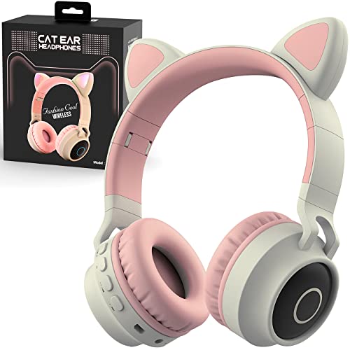 Auriculares Inalámbricos con Luz LED, Orejas de Gato, Auriculares Bluetooth Ajustables sobre la Oreja con Micrófono para Adultos Mujeres/Tableta/iPad/PC (Rosa Oscuro)