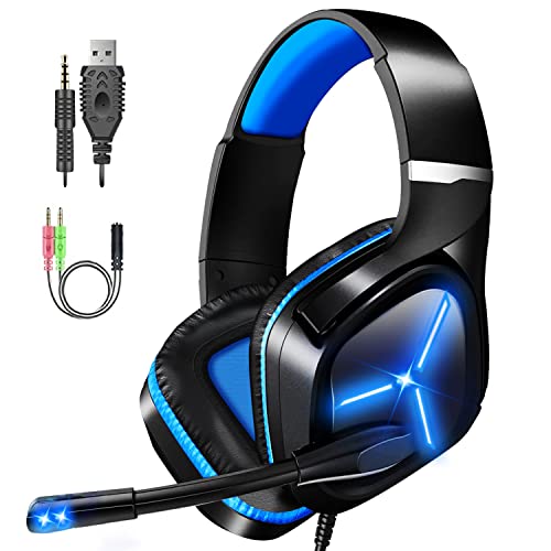 FUNINGEEK Cascos Gaming,Auriculares Gaming con Micrófono Rotatorio, Luz LED, Sonido Envolvente Claro, para PS4 PS5 Xbox PC Tableta Laptop