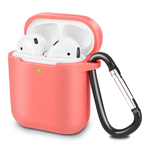 Funda AirPods Silicona Compatible con AirPods 2 & 1, KOKOKA Fundas Protectora de Silicona para AirPods [LED Frontal Visible][Funciona con Carga inalámbrica] con Correa Anti Pérdida-Coral Orange