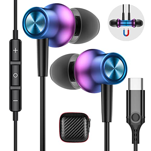 Auriculares USB C para Xiaomi Pad 5 12 11 Lite 11T 5G, Magnéticos Estéreo Cancelación de Ruido Auriculares USB Tipo C con Microfono para Samsung S21 OnePlus 9 10 Nord 2T Pixel 7 6 iPad Air, Morado