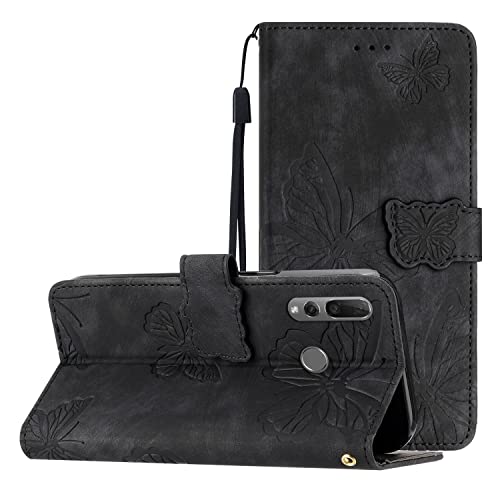 Yiscase Funda de piel compatible con Huawei P Smart Z, diseño de mariposa, funda con tapa, compartimento para tarjetas, función atril, color negro