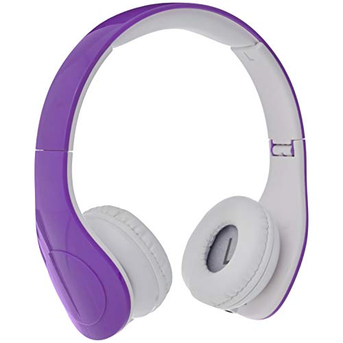 Amazon Basics - Auriculares de diadema con cable, volumen limitado, para niños, con dos puertos para compartir, Morado