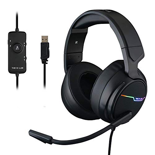 THE G-LAB Korp THALLIUM Auriculares Gaming - USB 7.1 Digital Surround, Micrófono con cancelación de ruido, LED RGB - Compatible con PC PS4, PS5, Negro