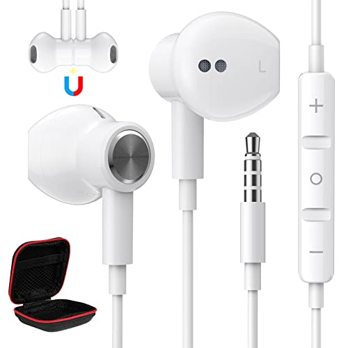 Auriculares con Cable para Xiaomi Redmi Note 11 Pro 10 9C, Auriculares 3.5mm Jack con Microfono Estéreo Magnéticos Cancelación Ruido para Samsung Galaxy M13 M23 M33 iPhone 6 5 OPPO A94 iPad Blanco