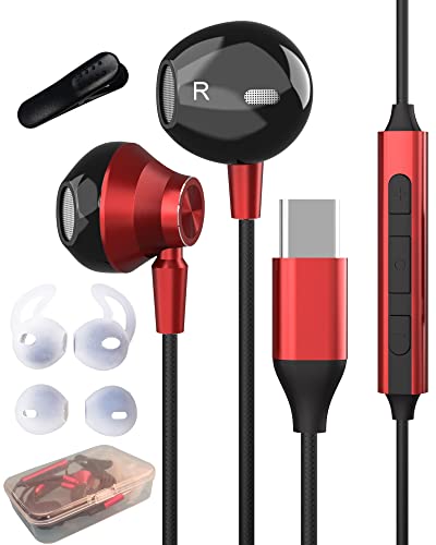 Hoyromany Auriculares USB Tipo C, In Ear Auriculares USB C con MicróFono y Control de Volumen para Samsung S22 S21 FE S20 S10,Huawei P40 P30 P20 Pro, Xiaomi, iPad Pro, Google Pixel, Oneplus (Rojo)