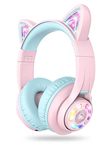 iClever Auriculares Bluetooth para Niños, BTH13 Cat Ear LED Light Up Kids Auriculares Inalámbricos, 50H Playtime, 74/85/94dB Limitación de Volumen, Auriculares para Niños con Micrófono sobre la Oreja