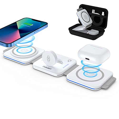 ZUMSEY Cargador Inalambrico Plegable 3 en 1, Magnético Cargador Compatible con iPhone 14 13 12 11 Pro MAX/Mini/XS/XR, Travel Wireless Charger para Apple Watch 8/7/SE/6/5/4/3/2, AirPods 3/2/Pro