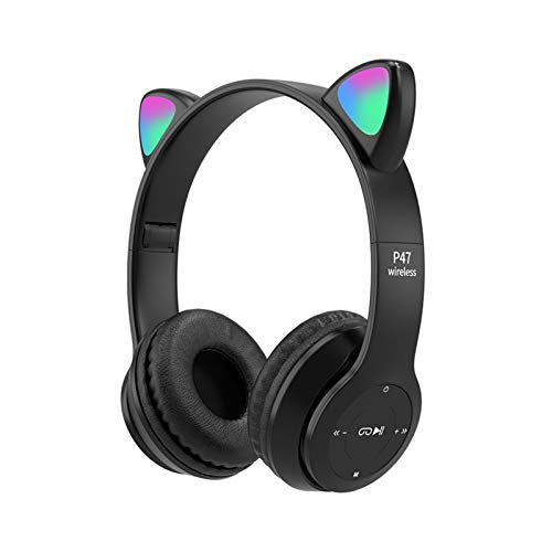 Auriculares para niños, orejas de gato LED con luz Bluetooth 5.0, auriculares inalámbricos plegables para juegos para niños adultos, micrófono incorporado con cancelación de ruido sobre auriculares