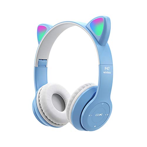 QOTSTEOS Auriculares inalámbricos para juegos, Bluetooth 5.0 plegables inalámbricos para juegos para niños y adultos, orejas de gato con luz LED (azul)