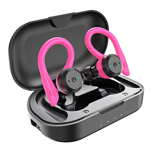 APEKX Auriculares Inalámbricos Bluetooth V5.0 Graves Mejorados, Deportivos IPX7 Impermeables Over Ear Earbuds 4 + 16H Tiempo de reproducción Sonido Estéreo con Microfono Incorporado Rosa