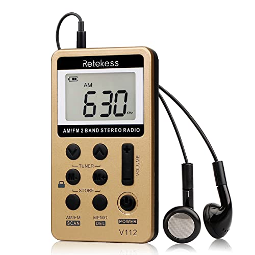 Retekess V112 Radio Portatil Pequeña, Mini Radio Digital de Bolsillo, Transistores Am FM, USB Recargable, Temporizador, Auriculares, de Apagado (Oro)