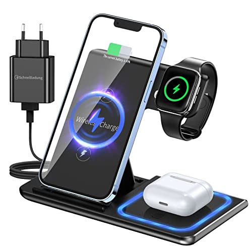 Cargador Inalambrico 3 En 1, para Apple Watch Y iPhone, Carga Rápida De 18W, Aplicable A iPhone 14/13/12/11/Pro MAX/Galaxy/Iwatch 8/Airpods 3/Google Pixel 6 (Black)