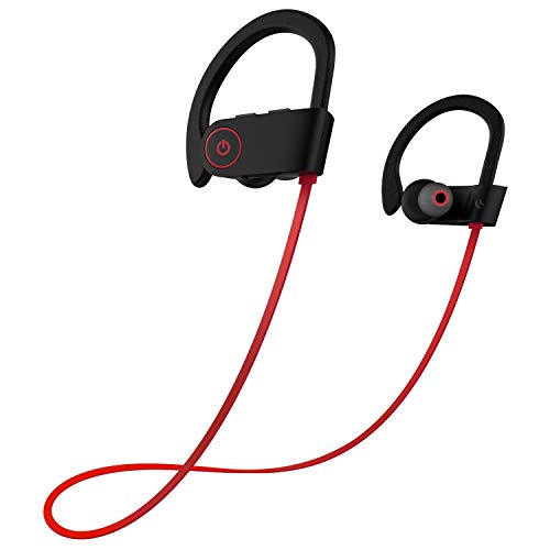 YUEYUEKE Auriculares deportivos IPX7, auriculares Bluetooth, inalámbricos, resistentes al agua, 8 horas de reproducción, cancelación de ruido, auriculares para gimnasio, correr, color rojo