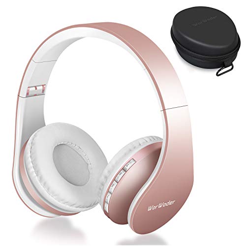 Auriculares Bluetooth Inalámbricos, WorWoder Cascos Bluetooth con Micrófono Hi-Fi Sonido Estéreo Auriculares de Diadema Plegables con Orejeras Suaves para TV, PC, Tablet, Móvil - Rosa de Or