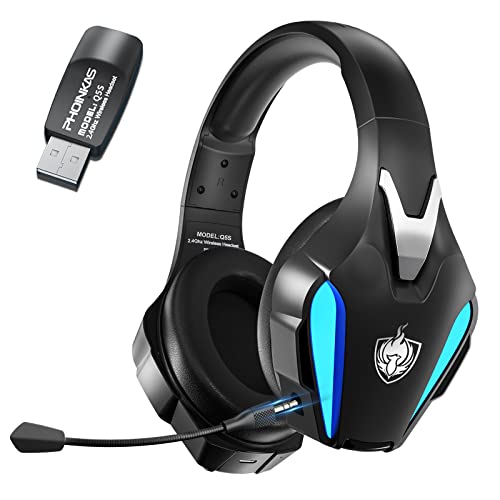 PHOINIKAS Auriculares Gaming Inalámbricos, Cascos Gaming, Dongle de 2.4Ghz para PS4/PS5/PC, 7.1 Estéreo, Micrófono con Cancelación de Ruido Desmontable, Luz LED