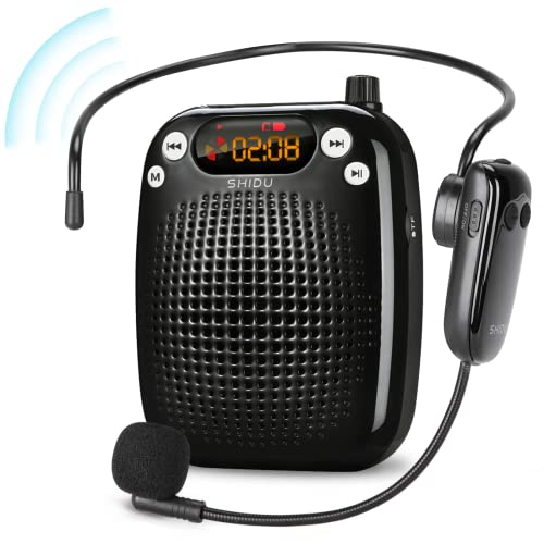 Amplificador de voz Inalámbrico 10W, amplificador de voz personal SHIDU, altavoz PA recargable con UHF Auriculares inalámbricos con micrófono para maestros, canto, guías turísticos, aula, aire libre