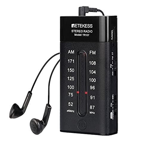 Retekess TR107 Radio Portátil Pequeña, Radio Analogica Pilas, Trasistor FM Am, Estéreo, Mini Walkman, con Auricular, Modo de Bajo (Negro)