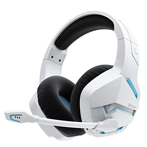 BINNUNE Cascos Gaming Inalámbricos con Microfono para PC PS4 PS5 Playstation, Audifonos Gamer, Auriculares Diadema Bluetooth, Batería de 48 Horas, Wireless Headset- Blanco