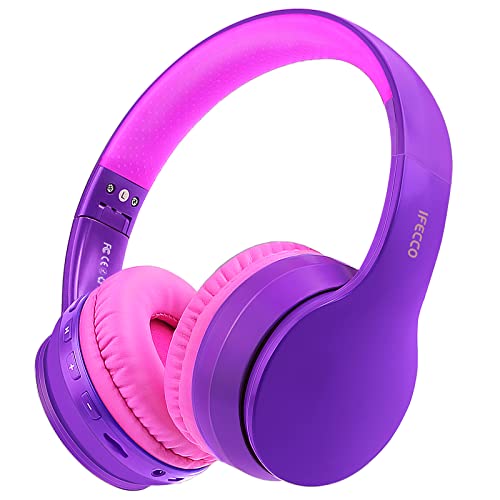 I love e iFecco Cascos Bluetooth Diadema, Estéreo Música Auriculares Cerrados Inalámbricos Plegables HiFi con Micrófono Incorporado y Cable, Soporte Micro SD/TF/FM, para Móviles/TV/PC/MP3 (Púrpura)