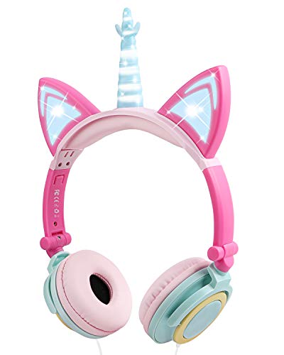 Auriculares Niña,Cascos Niña,Auriculares Orejas de Gato,Cascos Cuerno de Unicornio,Auriculares Infantiles LED con Diadema Ajustable,Audifonos de Gato, Limitación de Volumen a 85 dB (Rosa)