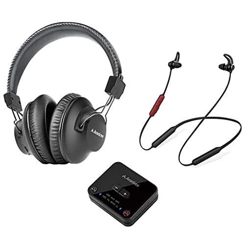 Avantree D4169 Auriculares Bluetooth 5.0 Inalámbricos sobre Oreja e internos para Ver TV con transmisor Baja latencia,con Banda Cuello,Control Volumen Personalizado,Enchufe y juegue,sin retardo Audio