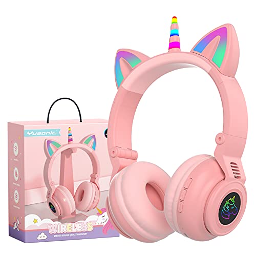 YUSONIC Auriculares de unicornio inalámbricos, auriculares Bluetooth para niñas y niños, tableta portátil, auriculares con luz LED para niños, para cumpleaños, viajes, escuela, regalos (rosa)