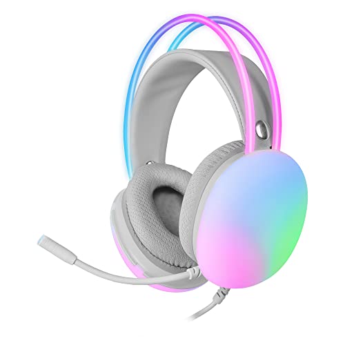 Mars Gaming MH-Glow Blanco, Auriculares 360° Full Chroma RGB Flow, Micrófono Cancelación de Ruido, Diseño Ultra-Ligero, Almohadillas Mempory-Foam, Compatibilidad Universal