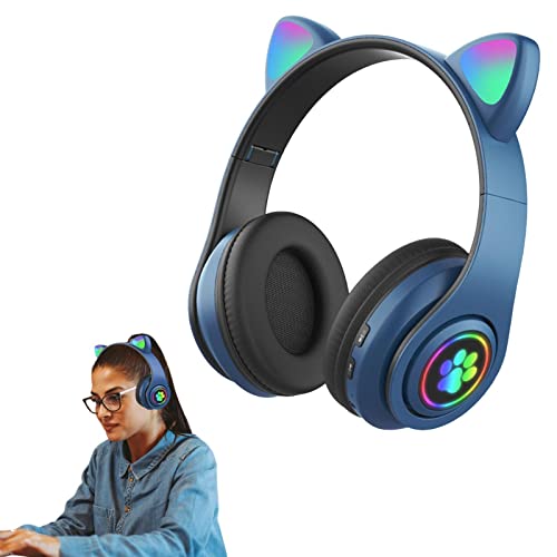 Mashin Auriculares de oreja de gato, auriculares para juegos de orejas de gato, auriculares inalámbricos con luz LED, auriculares de reducción elástica, auriculares para juegos de computadora para