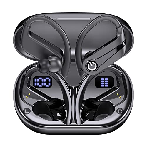 Auriculares Inalambricos Deportivos, Auriculares Bluetooth 5.3 con Gancho, 60H HIFI Estéreo Cascos Inalambricos Bluetooth, Carga Rápida Type-C, Pantalla LED, IP7 Impermeable, CVC8.0 Reducción de Ruido