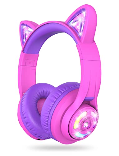 iClever Auriculares Bluetooth para Niños, BTH13 Cat Ear LED Light Up Kids Auriculares Inalámbricos, 50H Playtime, 74/85/94dB Limitación de Volumen, Auriculares para Niños con Micrófono sobre la Oreja