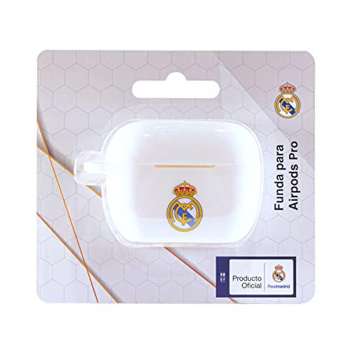 Real Madrid Club de Fútbol - Funda Compatible con Airpods Pro - Elaborada con Silicona Resistente - Color Blanco con el Escudo del Club - Producto Oficial del Equipo