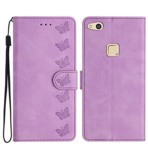 Yiscase Funda para Huawei P10 Lite | 3D Mariposa en relieve | Funda de piel premium con tarjetero y función atril | Púrpura