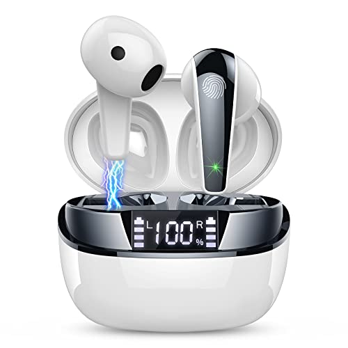 Auriculares Inalambricos, Auriculares Bluetooth 5.3 In Ear con HiFi Estéreo, Pantalla LED Doble Cascos Inalambricos con HD Mics, Auriculares Deportivos IP7 Impermeable, 35H Reproducción, USB-C, Blanco