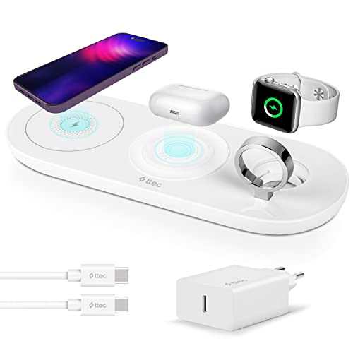 ttec - Cargador Inalámbrico 3 en 1 - SmartCharger Air+ - Base de Carga para iPhone, Airpods y iWatch - 15 W - Compatible con Productos Apple y Android - Carga Rápida - Blanco